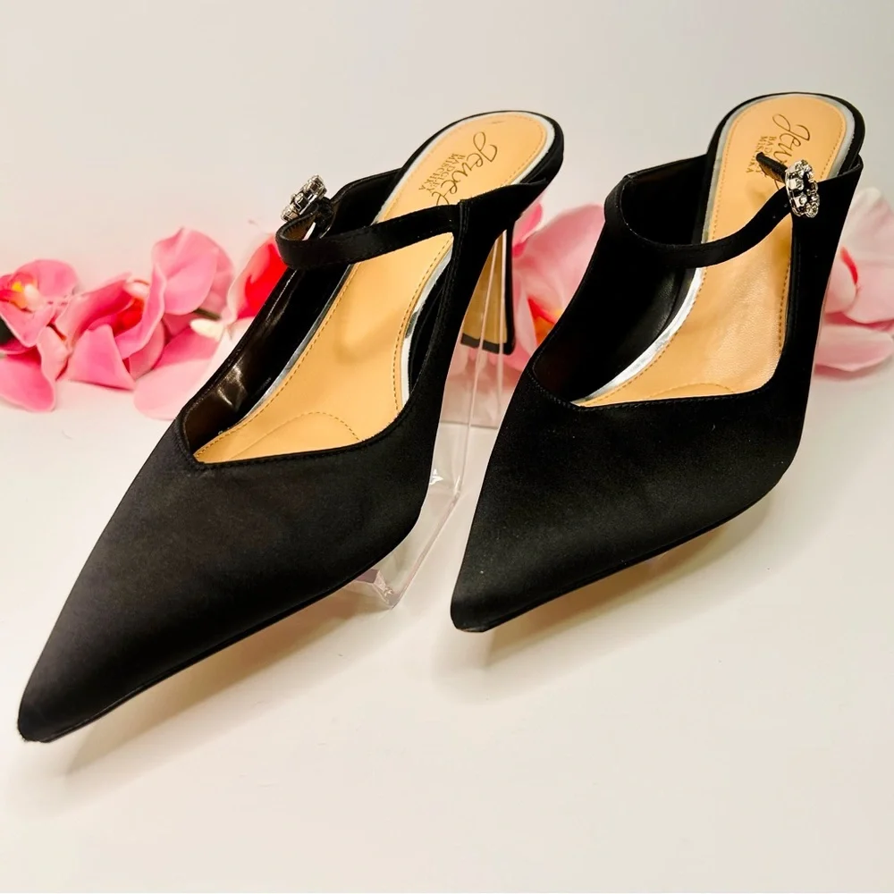 Jewel Badgley Mischka | Kaylin Pointed Toe Mule - Black Satin Heels (Size 8.5) - Picture 7 of 16